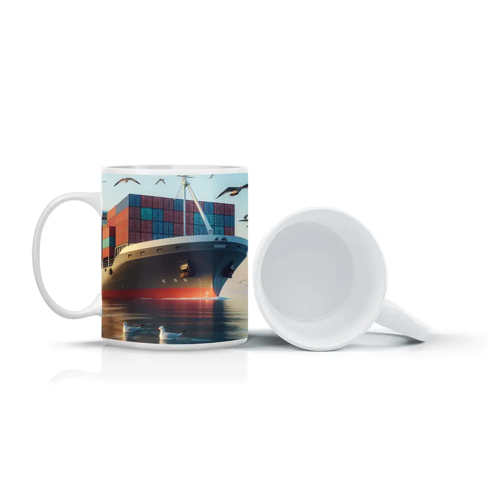 Container Ship Sailing With Seagulls Above – Mugs