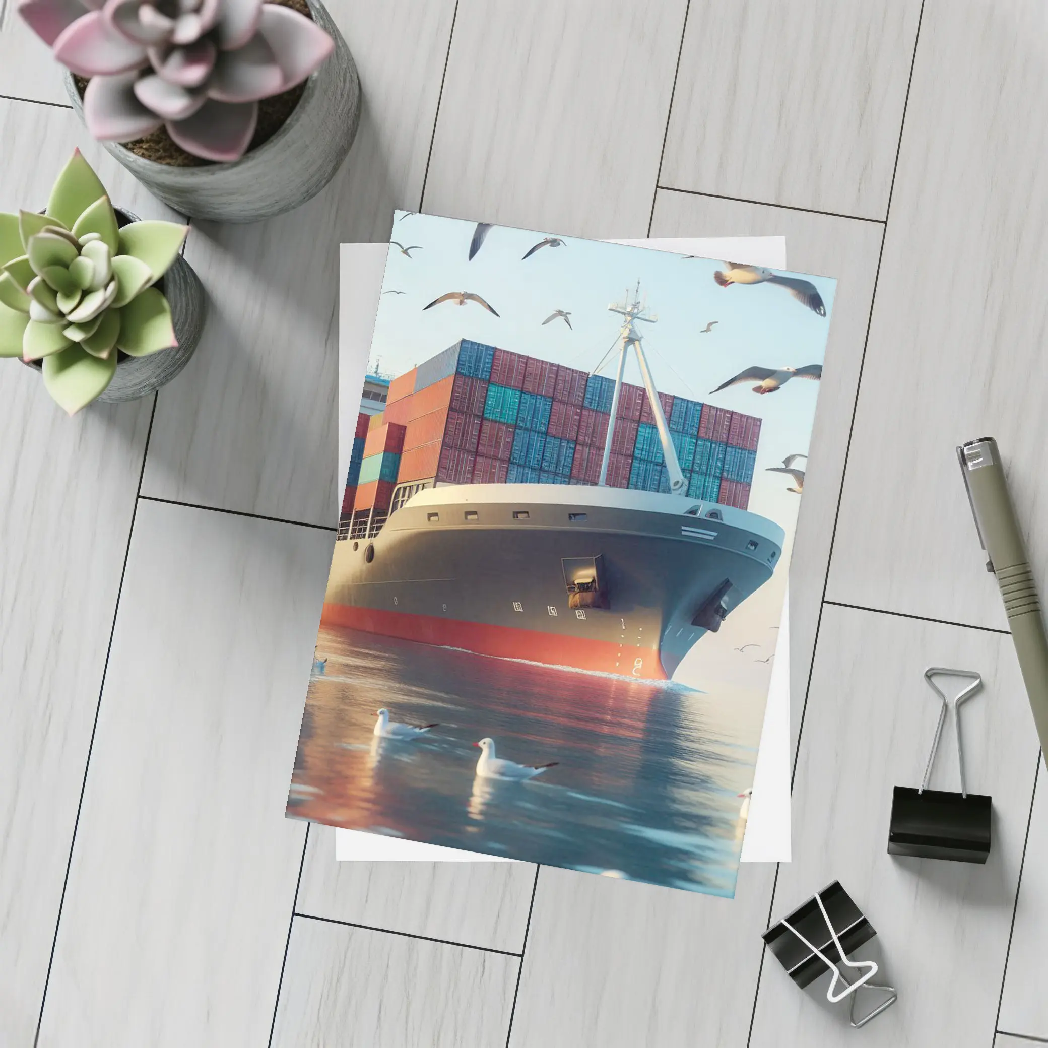 Container Ship Sailing With Seagulls Above – Postcards
