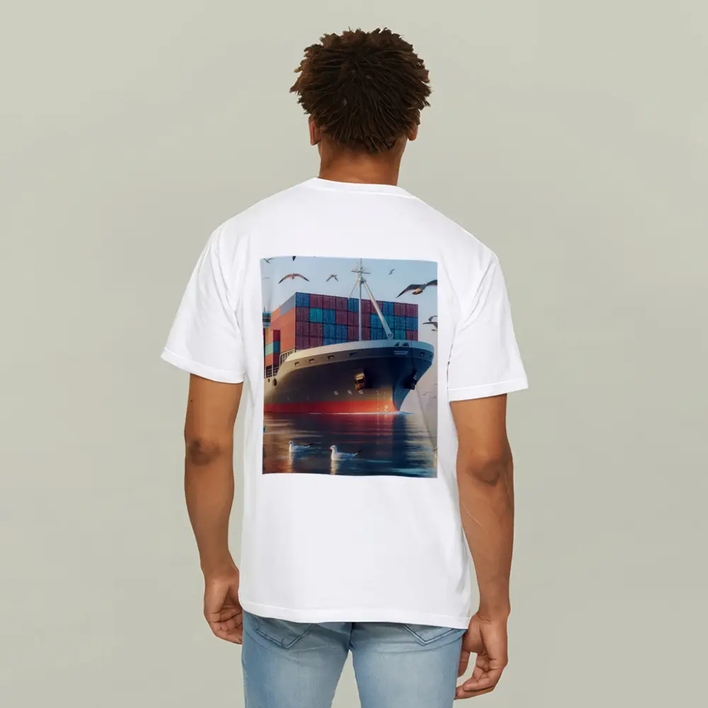 Container Ship Sailing With Seagulls Above – T-Shirts