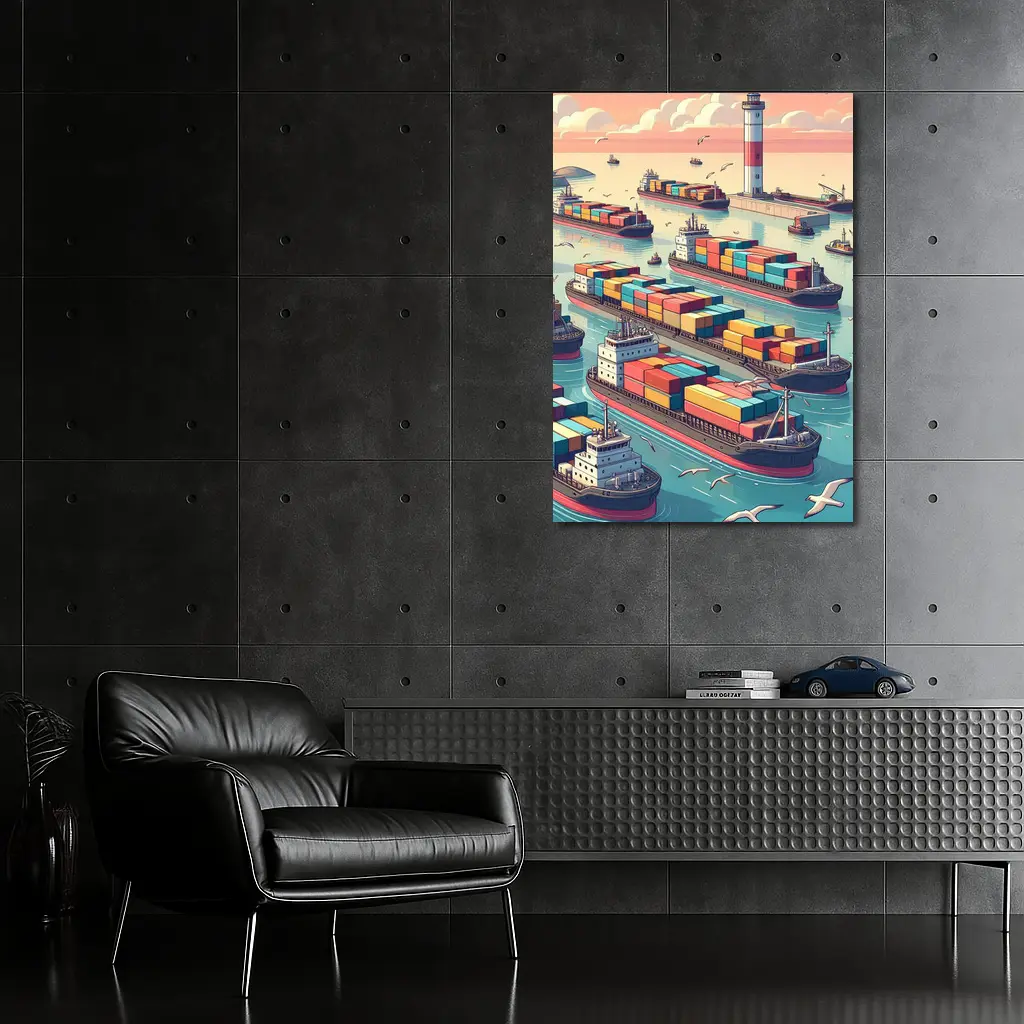 Container Ships Busy Harbor Lighthouse Cartoon Art – Wall Art