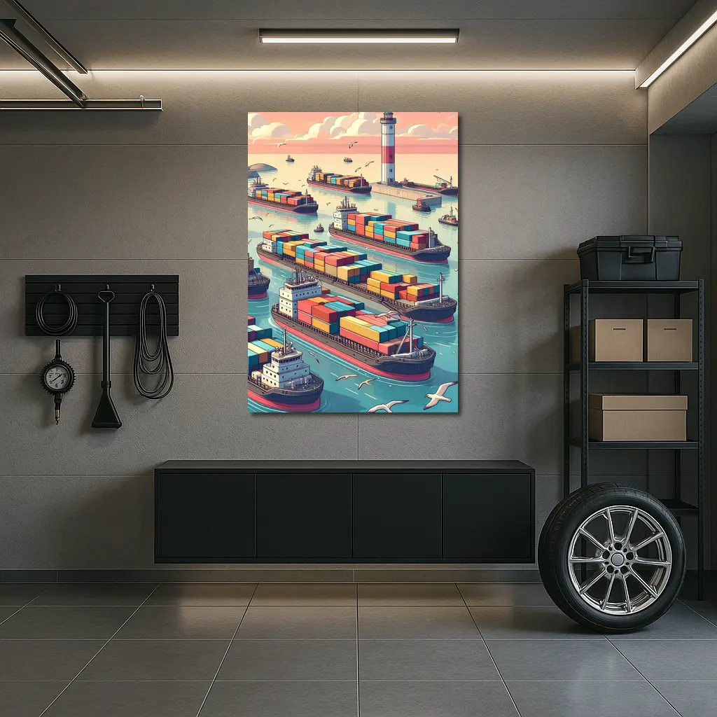Container Ships Busy Harbor Lighthouse Cartoon Art – Wall Art