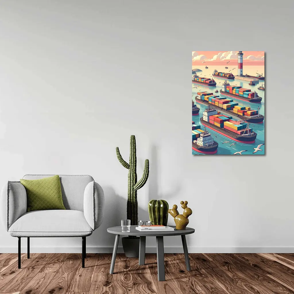 Container Ships Busy Harbor Lighthouse Cartoon Art – Wall Art