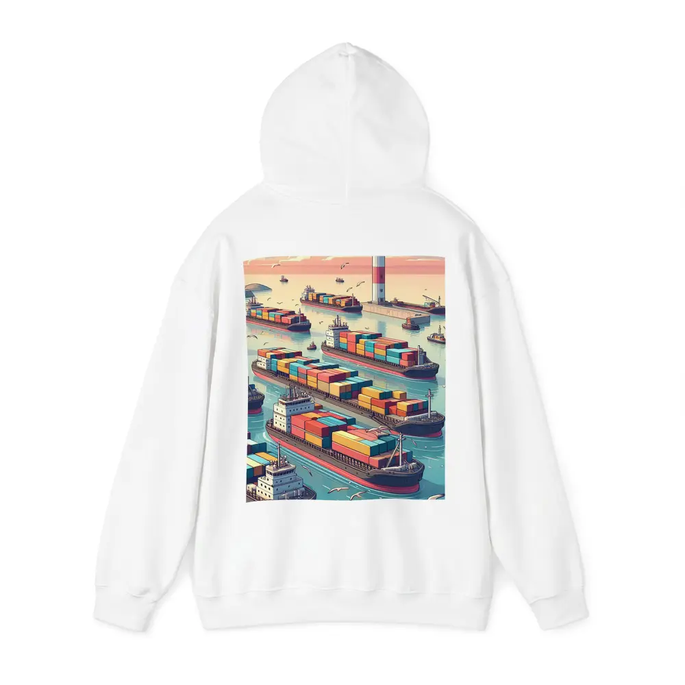 Container Ships Busy Harbor Lighthouse Cartoon Art – Hoodies
