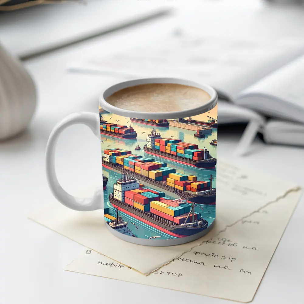 Container Ships Busy Harbor Lighthouse Cartoon Art – Mugs
