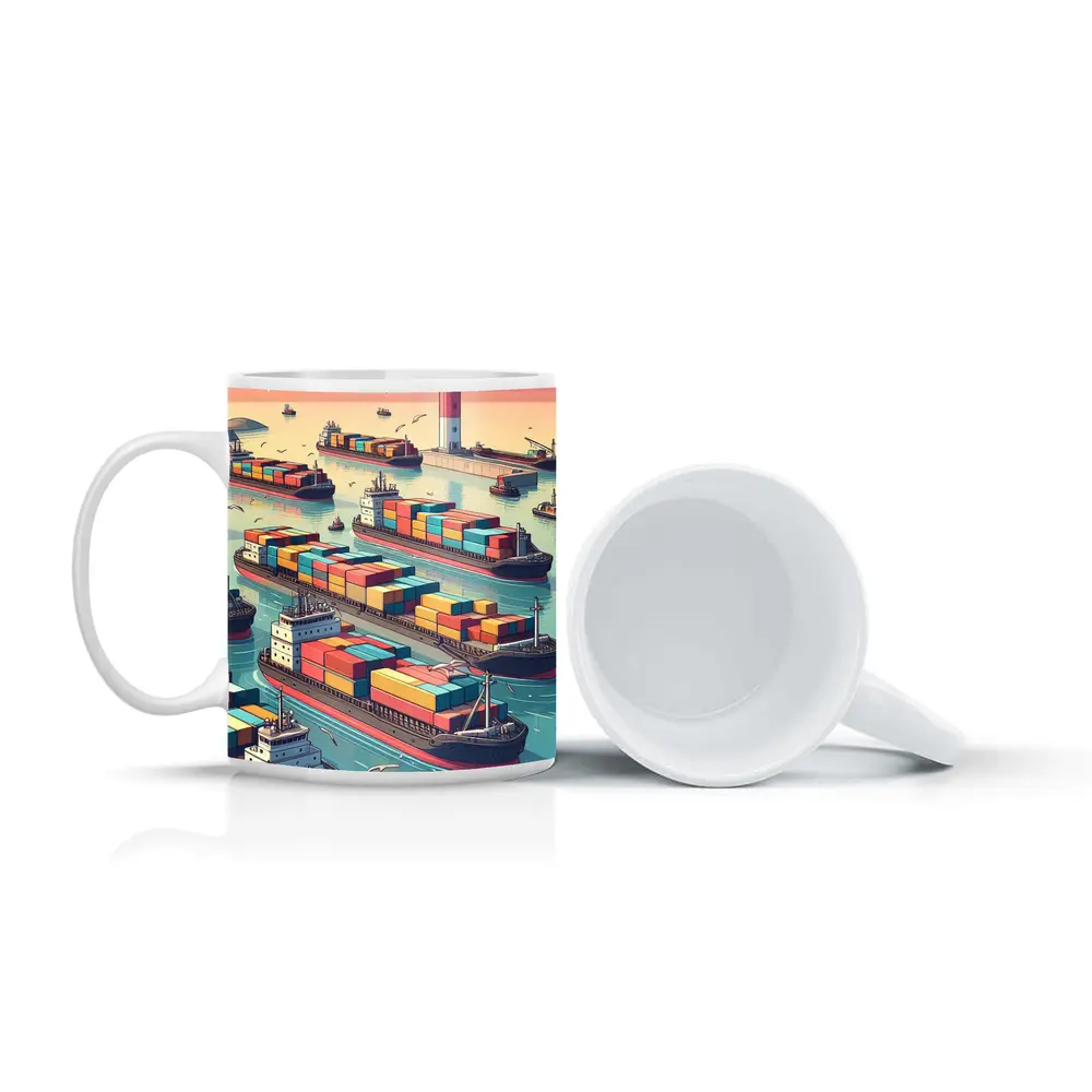 Container Ships Busy Harbor Lighthouse Cartoon Art – Mugs
