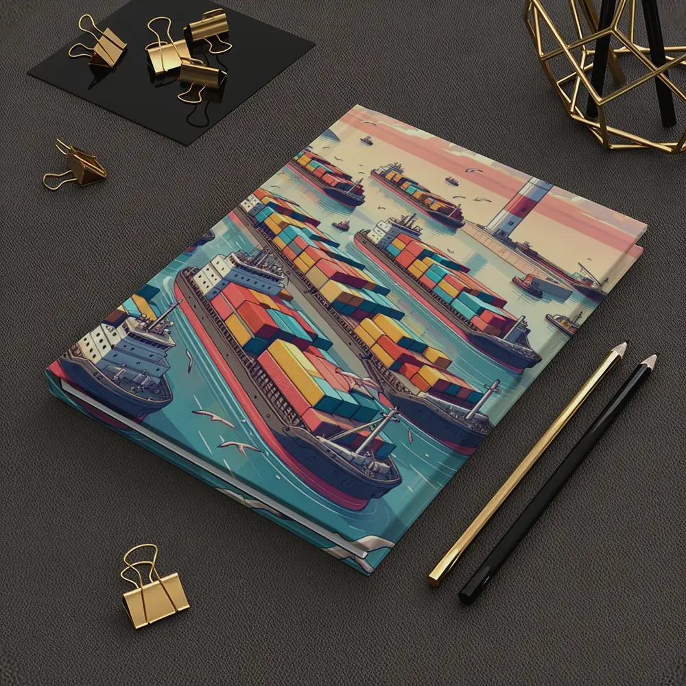 Container Ships Busy Harbor Lighthouse Cartoon Art – Notebooks