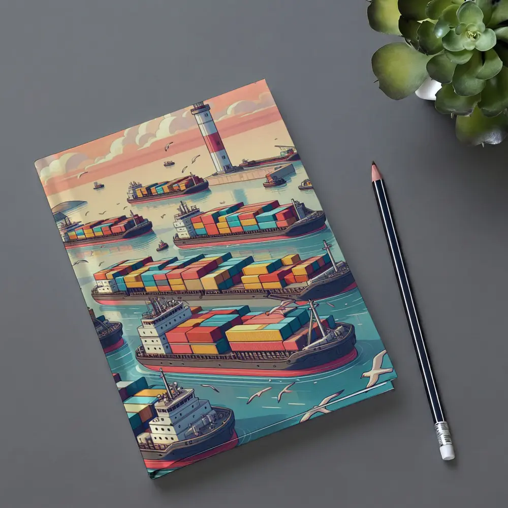Container Ships Busy Harbor Lighthouse Cartoon Art – Notebooks