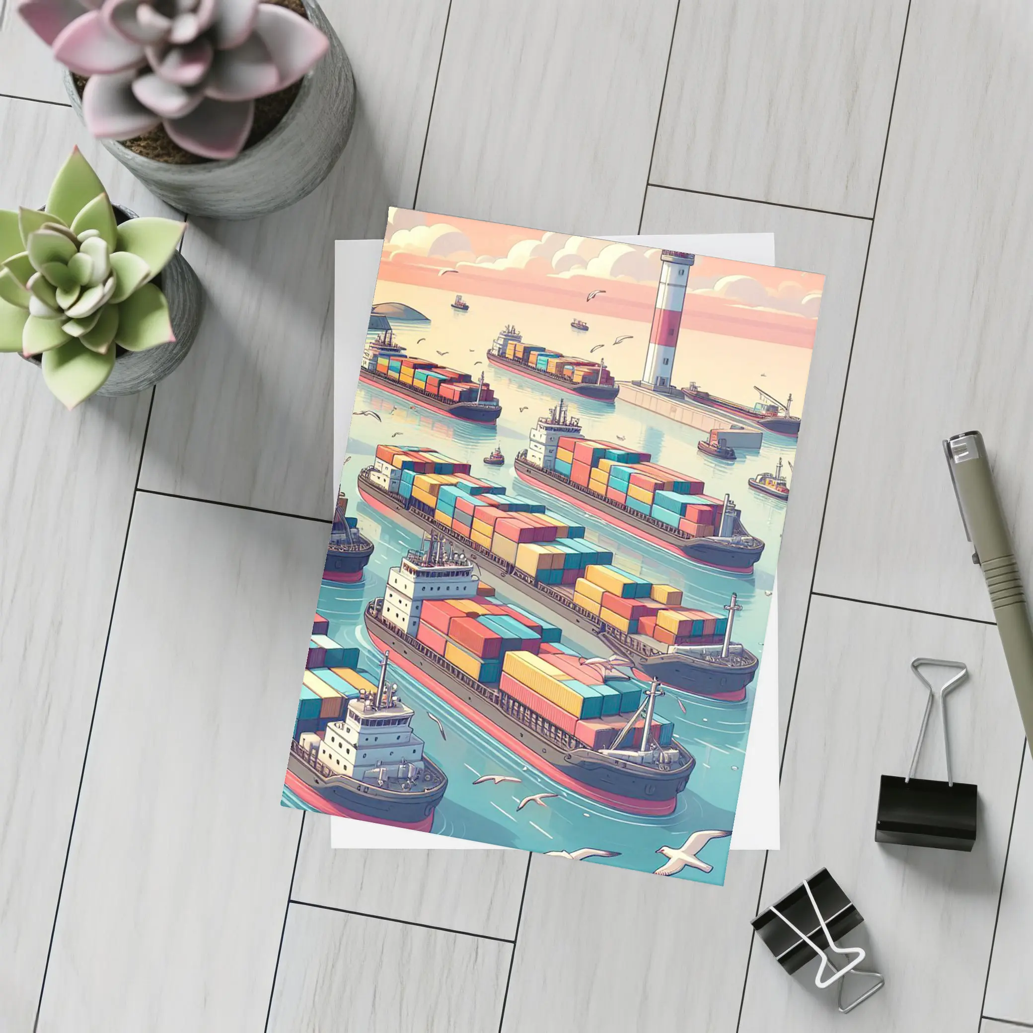 Container Ships Busy Harbor Lighthouse Cartoon Art – Postcards
