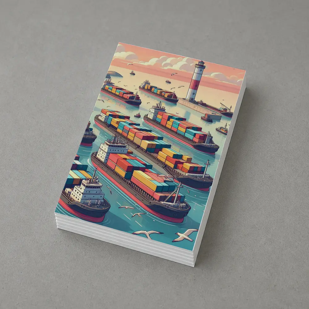 Container Ships Busy Harbor Lighthouse Cartoon Art – Postcards