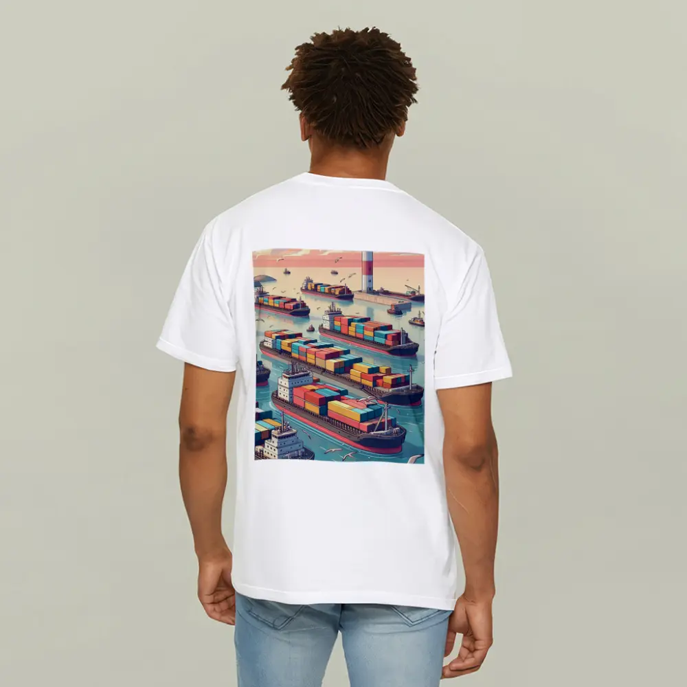 Container Ships Busy Harbor Lighthouse Cartoon Art – T-Shirts