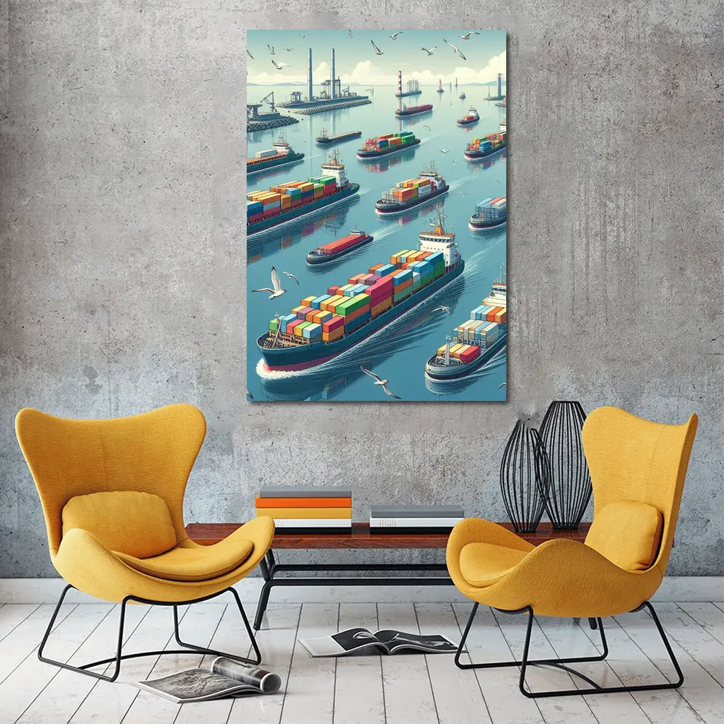 Container Ships Busy Harbor Industrial Port Scene – Wall Art