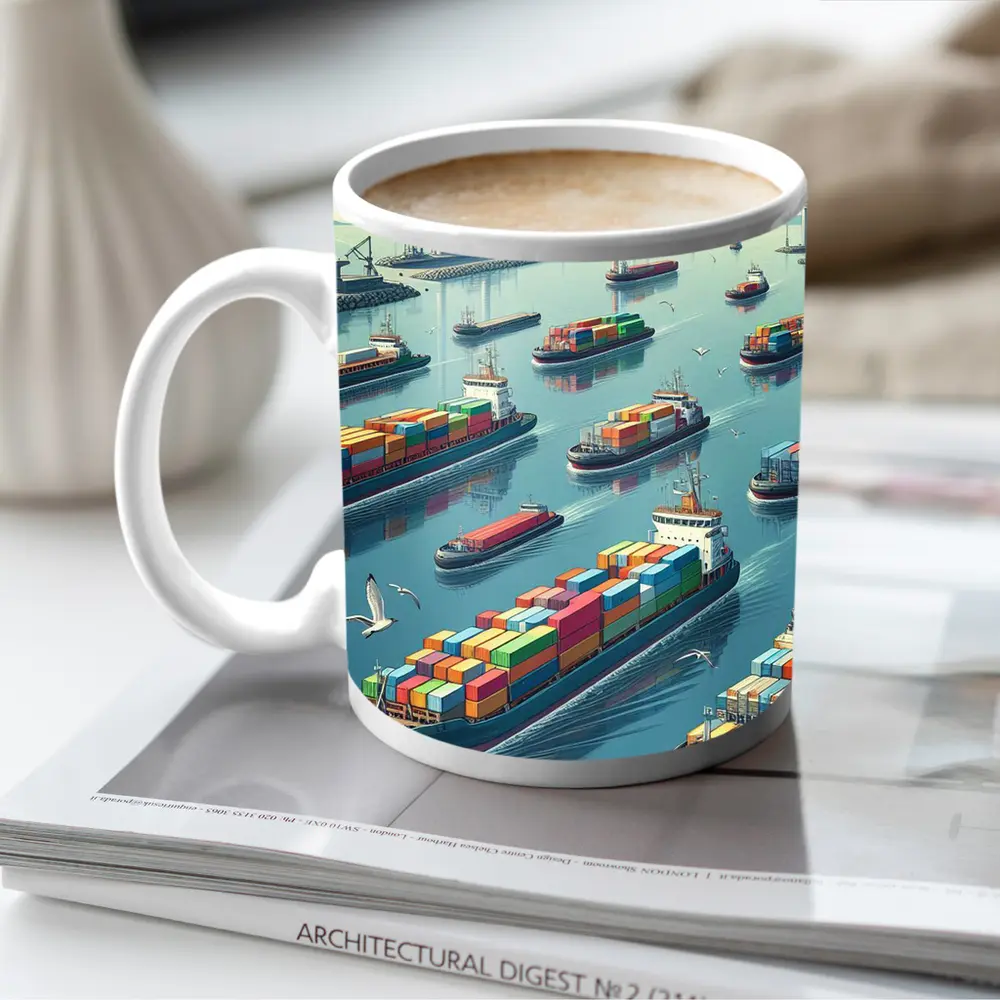 Container Ships Busy Harbor Industrial Port Scene – Mugs