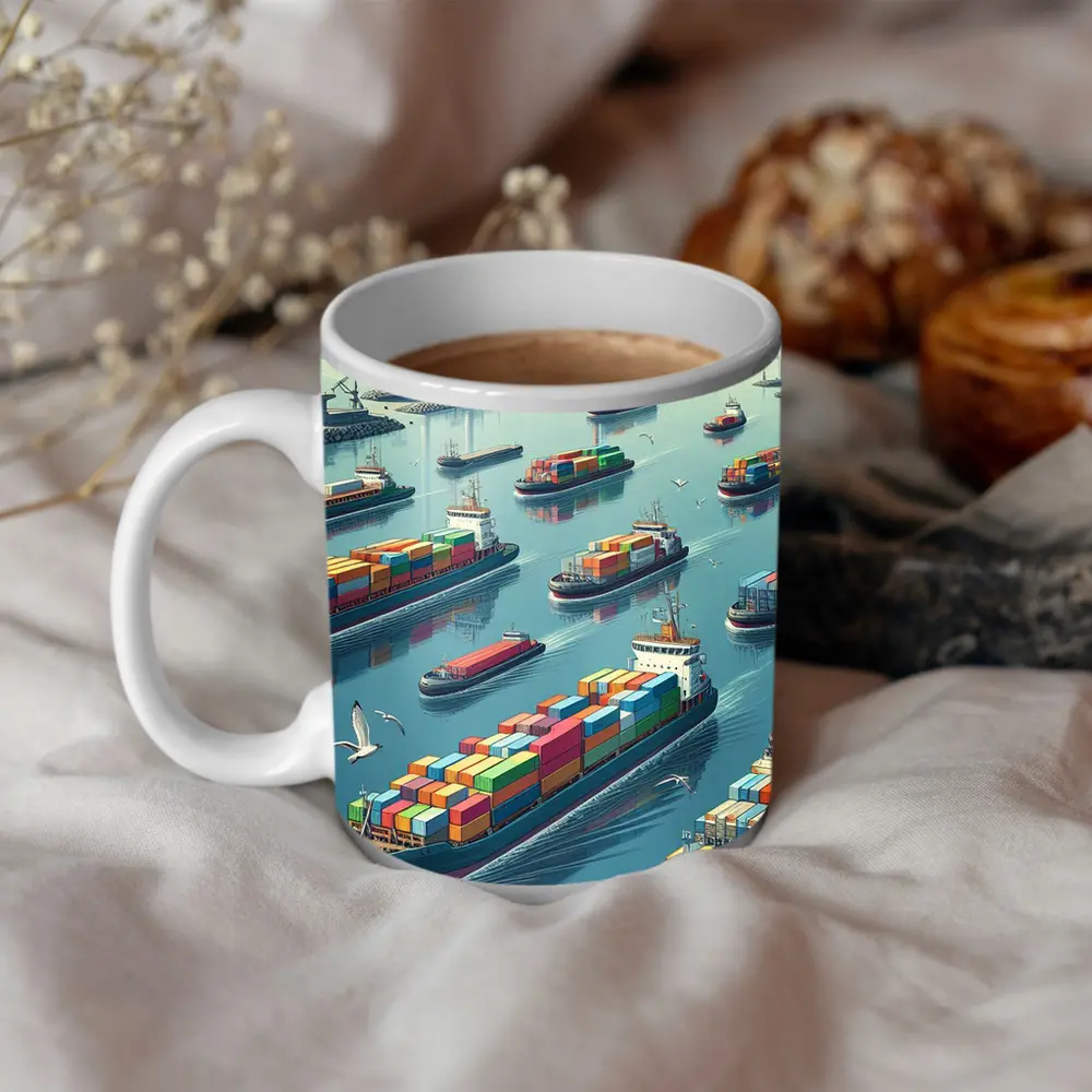 Container Ships Busy Harbor Industrial Port Scene – Mugs
