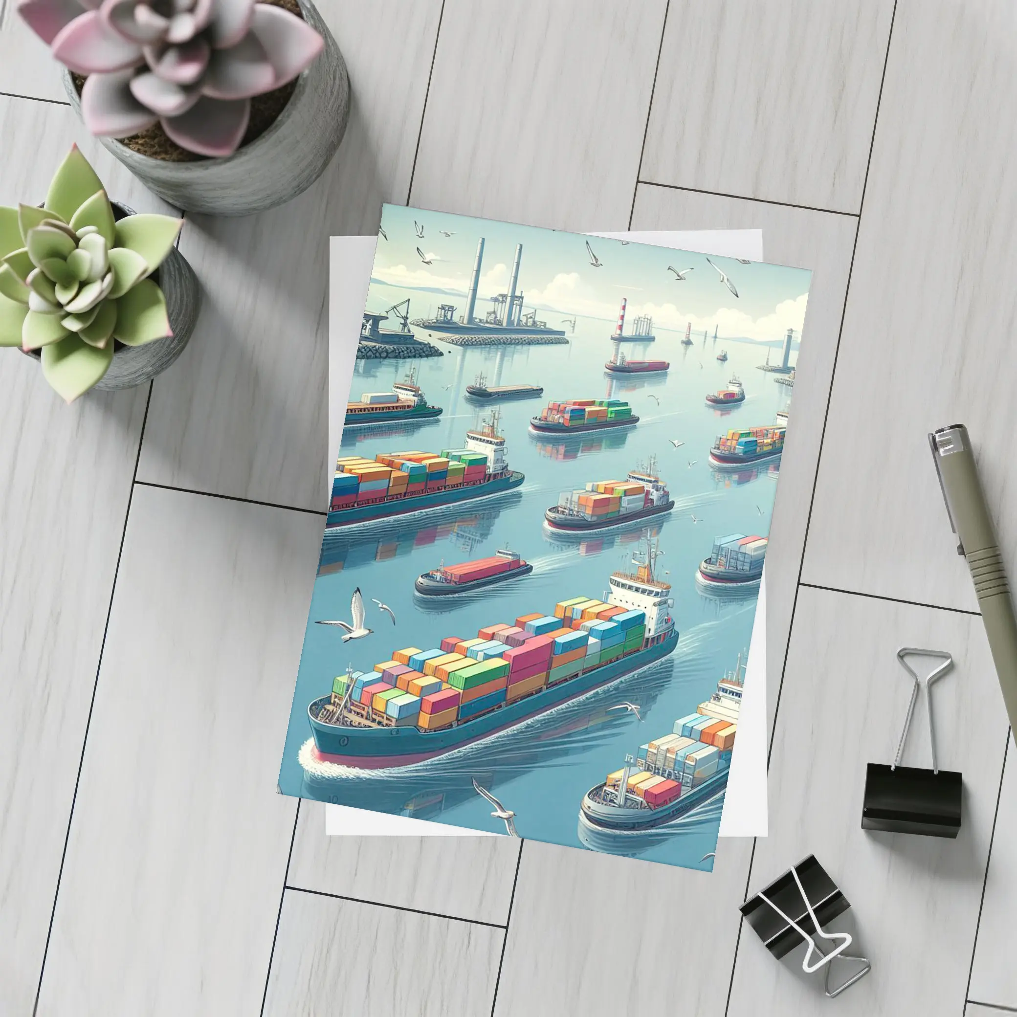 Container Ships Busy Harbor Industrial Port Scene – Postcards