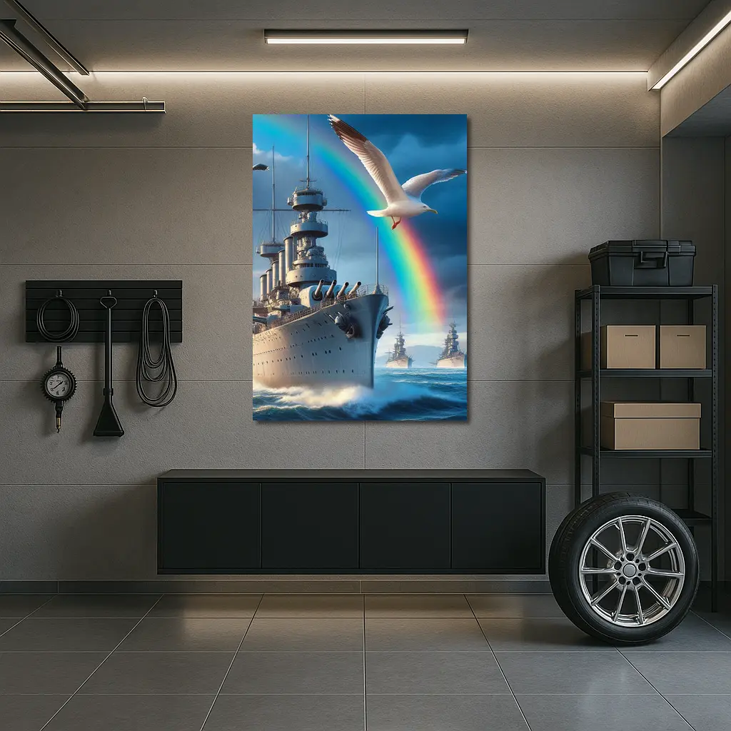 Battleship Fleet Rainbow Seagull Stormy Ocean – Wall Art