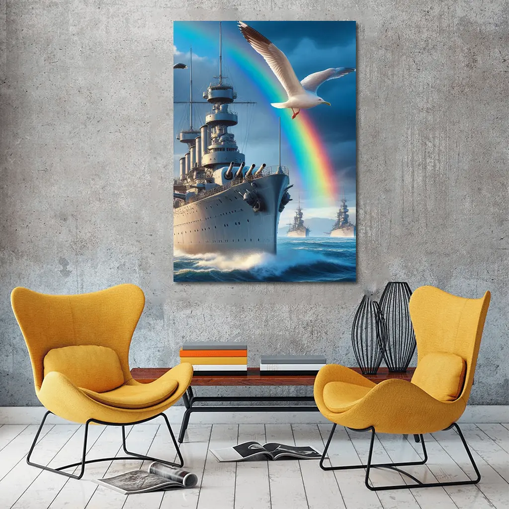 Battleship Fleet Rainbow Seagull Stormy Ocean – Wall Art
