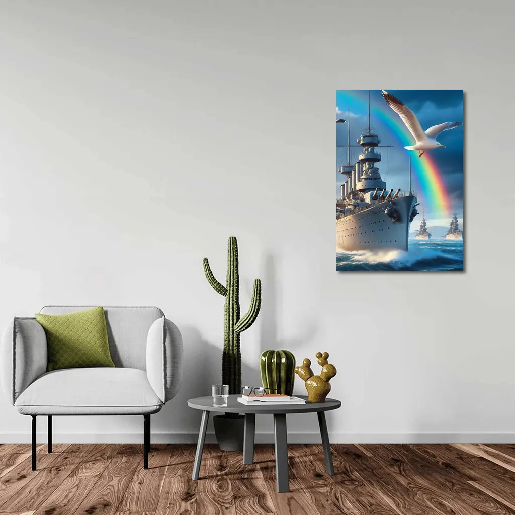 Battleship Fleet Rainbow Seagull Stormy Ocean – Wall Art