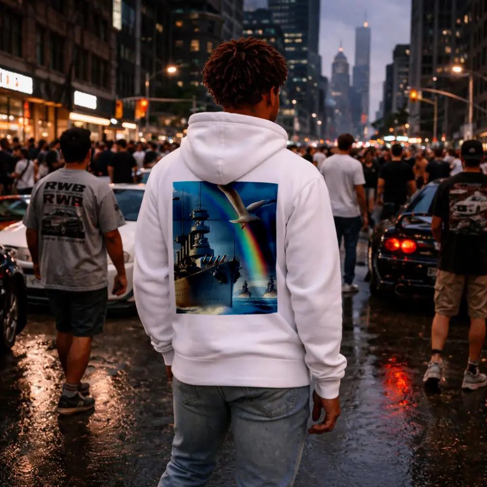 Battleship Fleet Rainbow Seagull Stormy Ocean – Hoodies