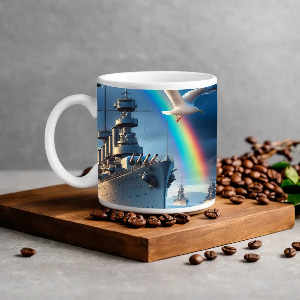 Battleship Fleet Rainbow Seagull Stormy Ocean – Mugs