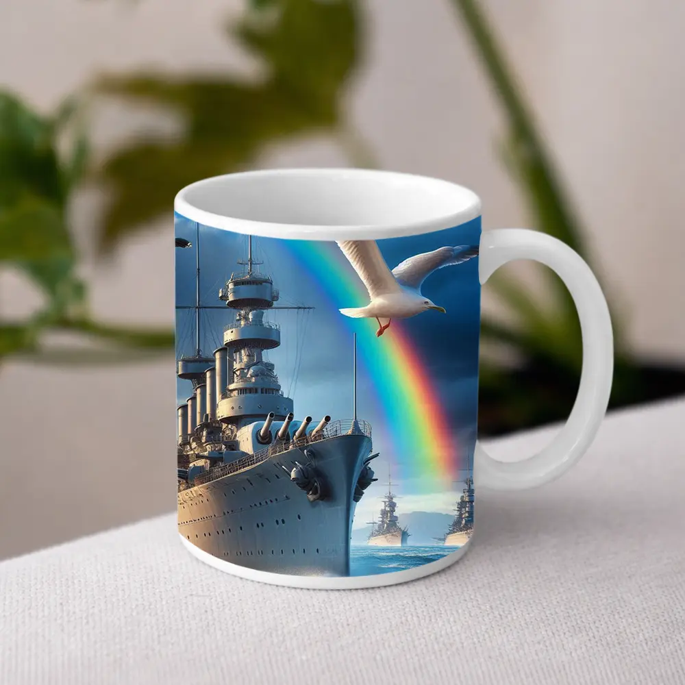 Battleship Fleet Rainbow Seagull Stormy Ocean – Mugs