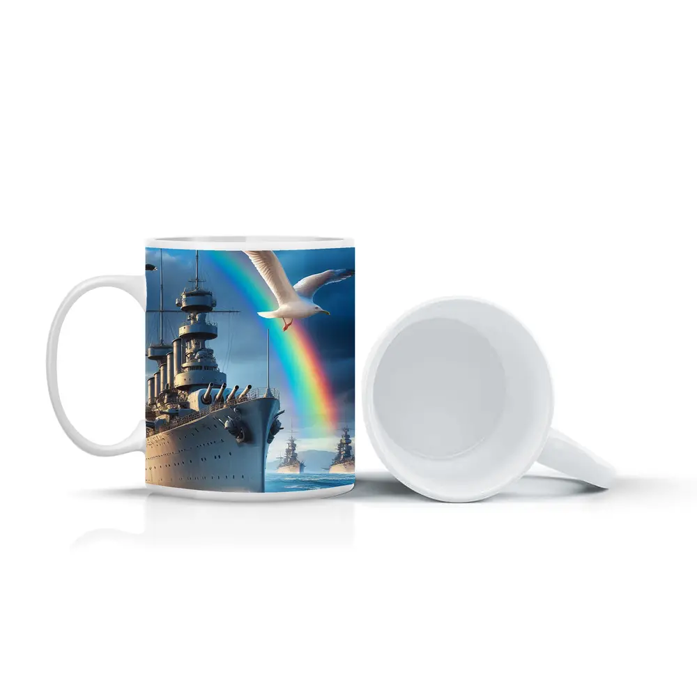 Battleship Fleet Rainbow Seagull Stormy Ocean – Mugs
