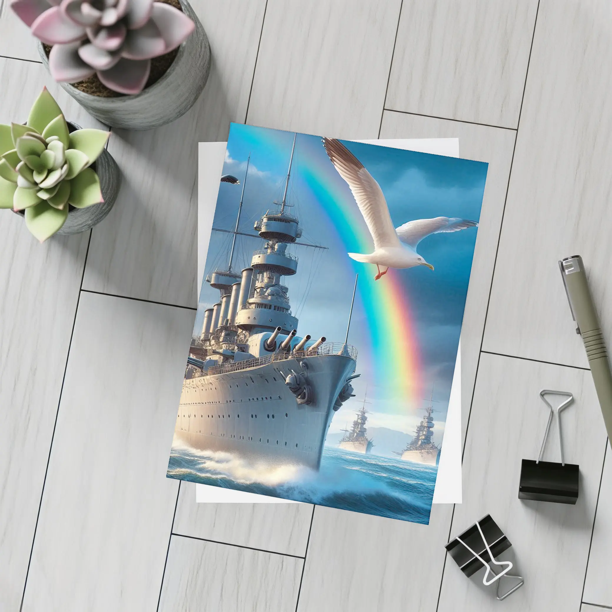 Battleship Fleet Rainbow Seagull Stormy Ocean – Postcards