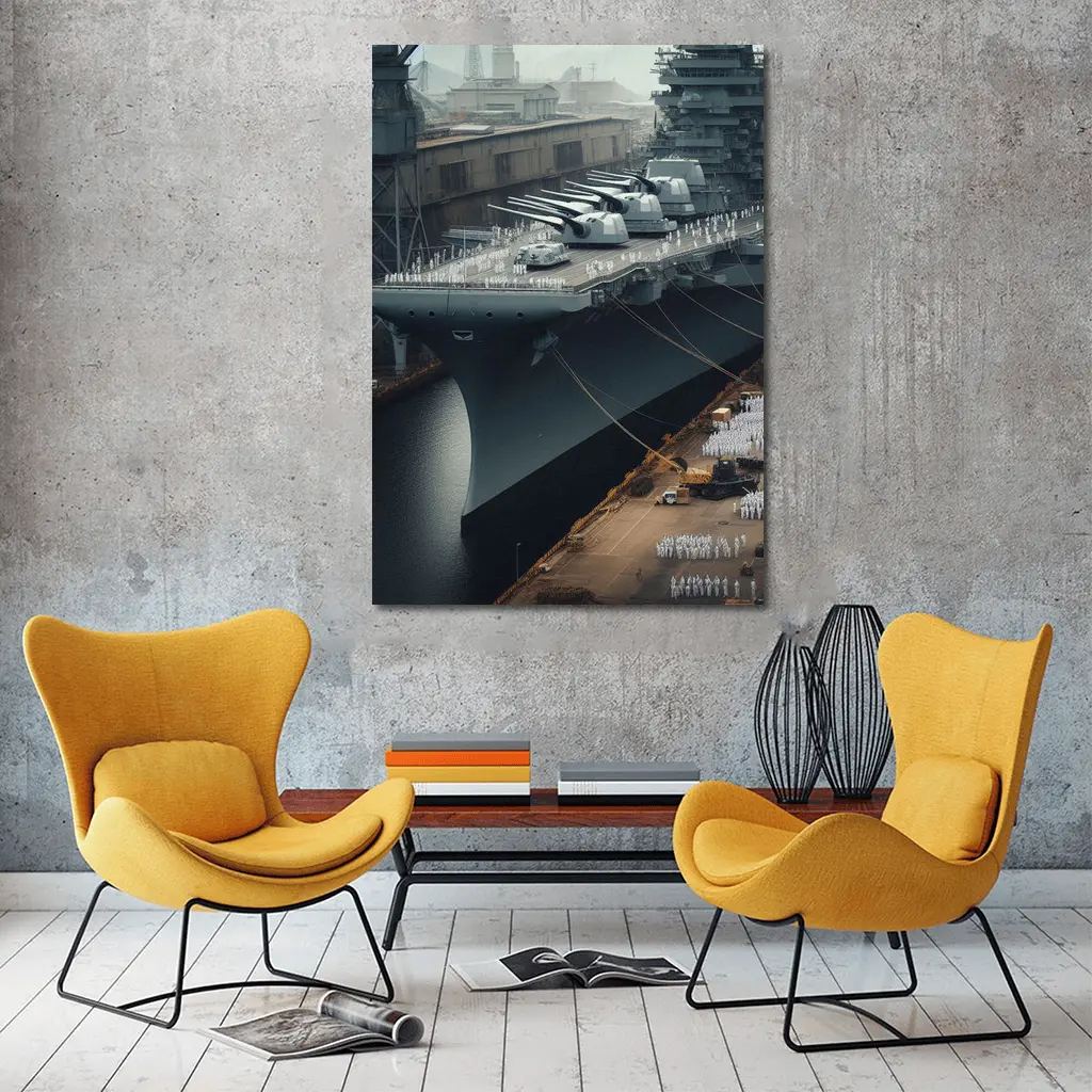 Battleship Docked Naval Base Military Scene – Wall Art