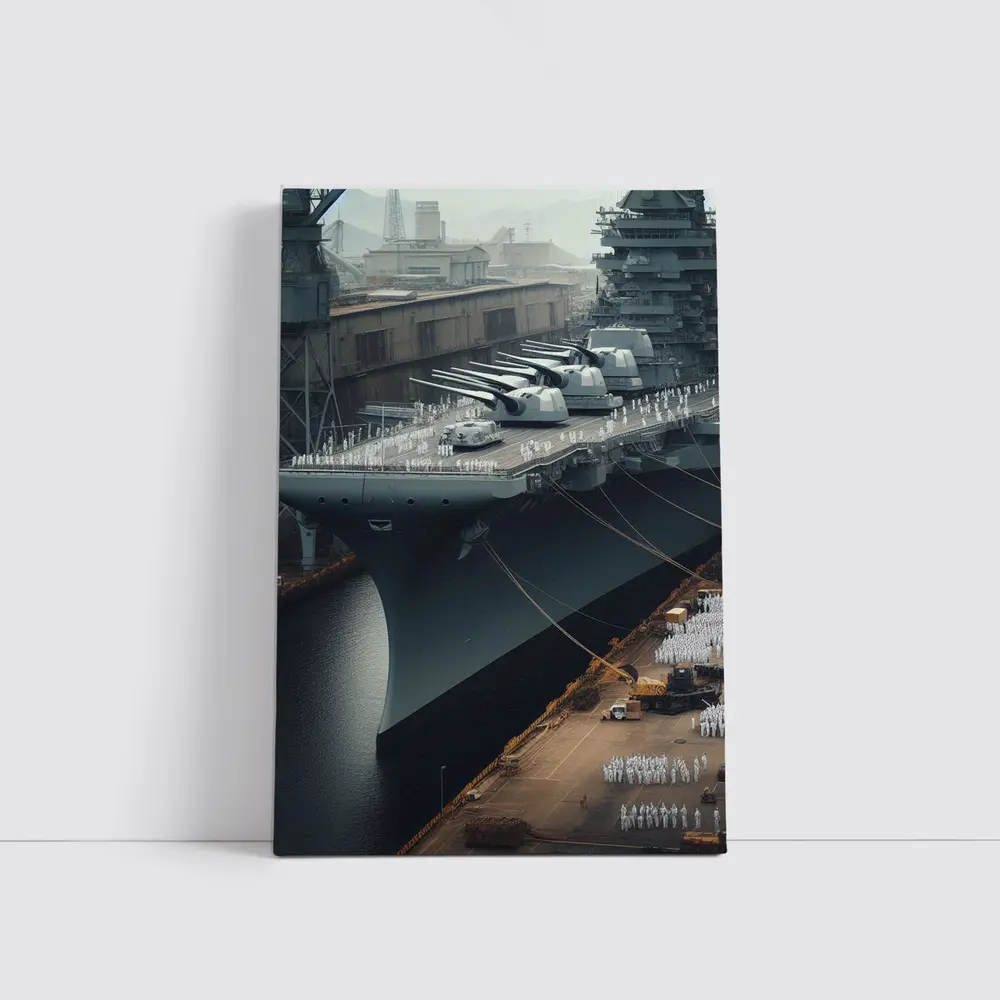 Battleship Docked Naval Base Military Scene – Wall Art