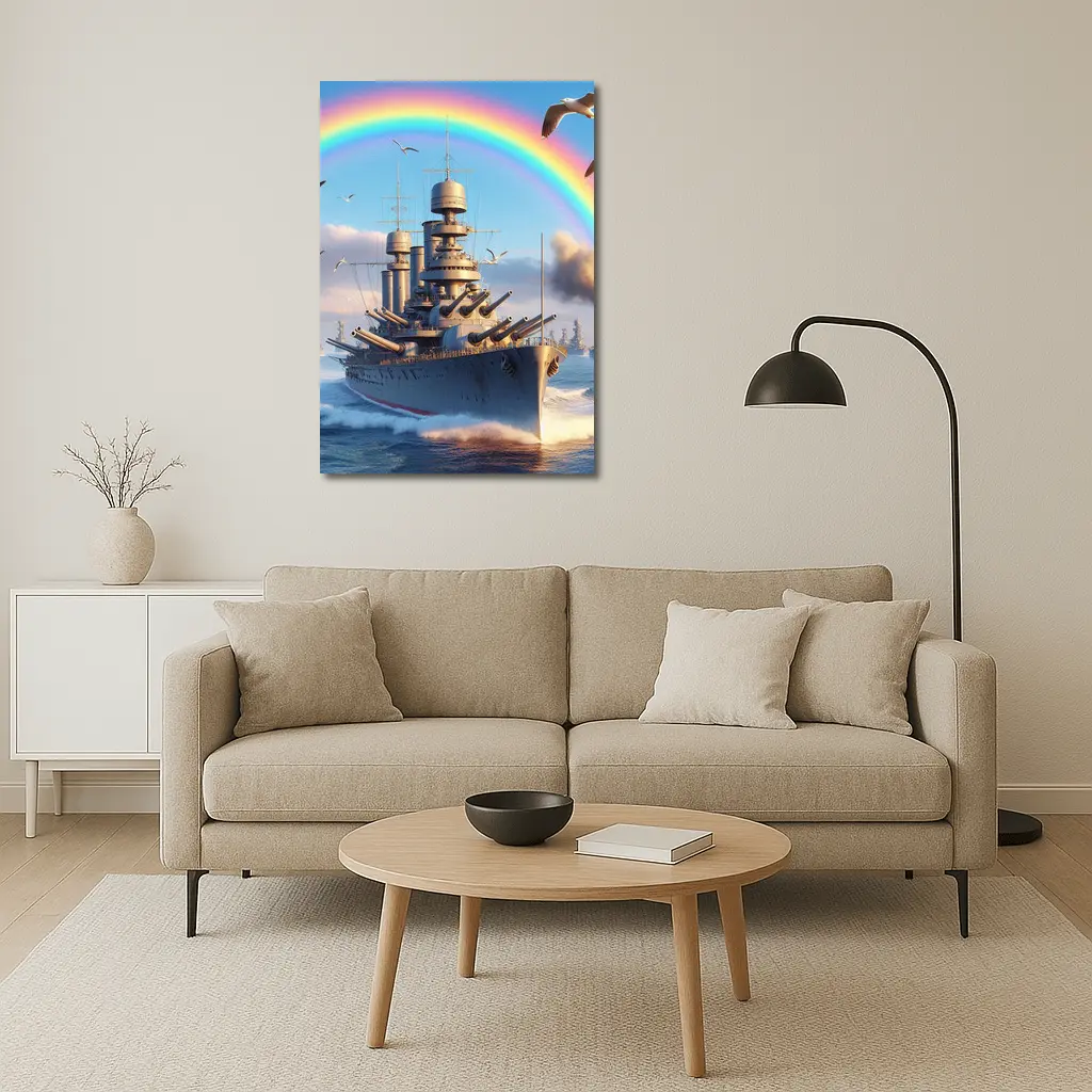 Battleship Sailing Ocean Under Rainbow Sky – Wall Art