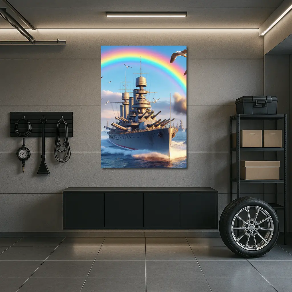 Battleship Sailing Ocean Under Rainbow Sky – Wall Art