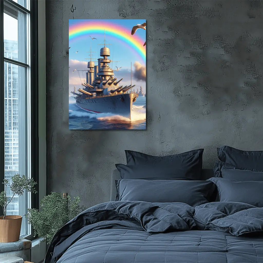 Battleship Sailing Ocean Under Rainbow Sky – Wall Art