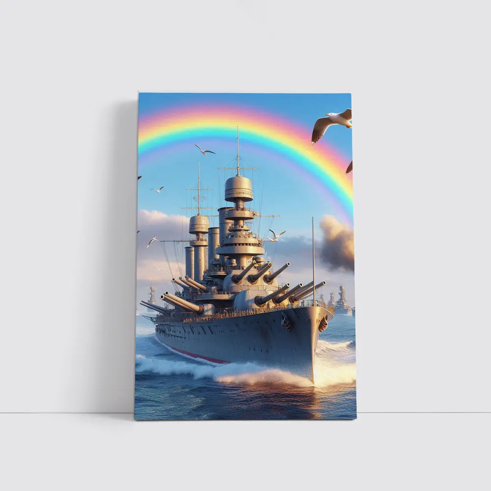 Battleship Sailing Ocean Under Rainbow Sky – Wall Art