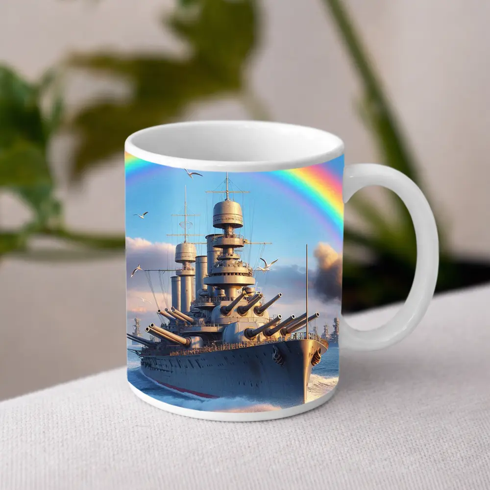 Battleship Sailing Ocean Under Rainbow Sky – Mugs