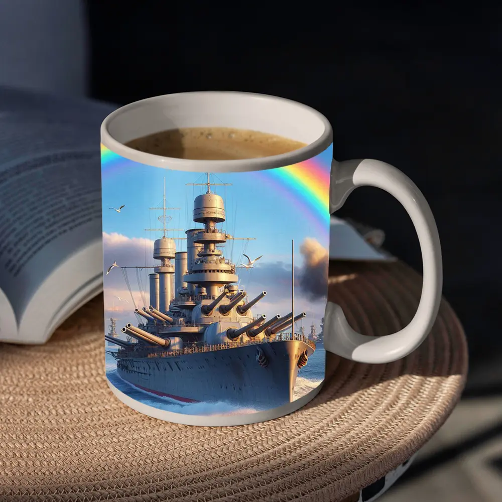 Battleship Sailing Ocean Under Rainbow Sky – Mugs
