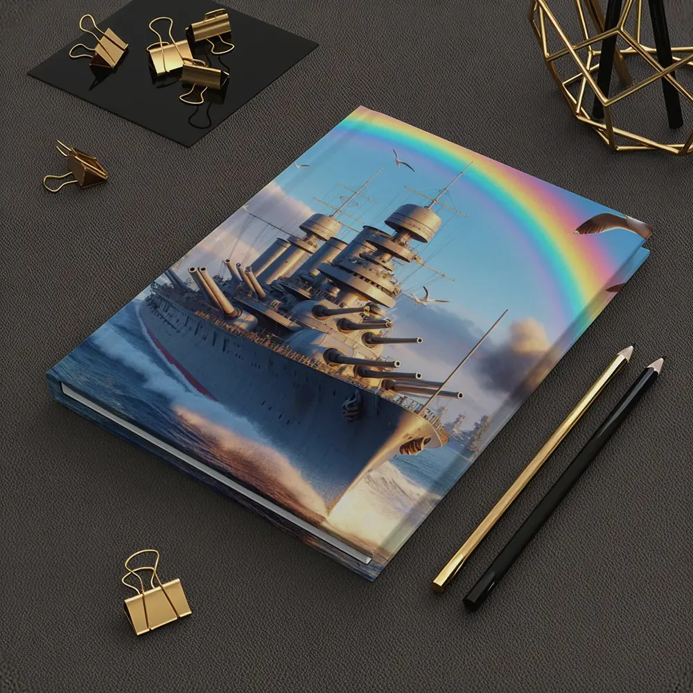 Battleship Sailing Ocean Under Rainbow Sky – Notebooks