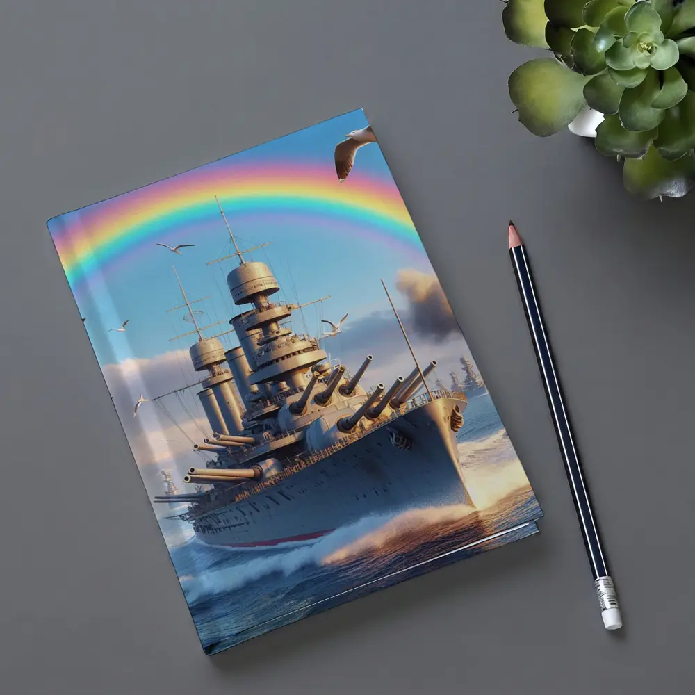 Battleship Sailing Ocean Under Rainbow Sky – Notebooks