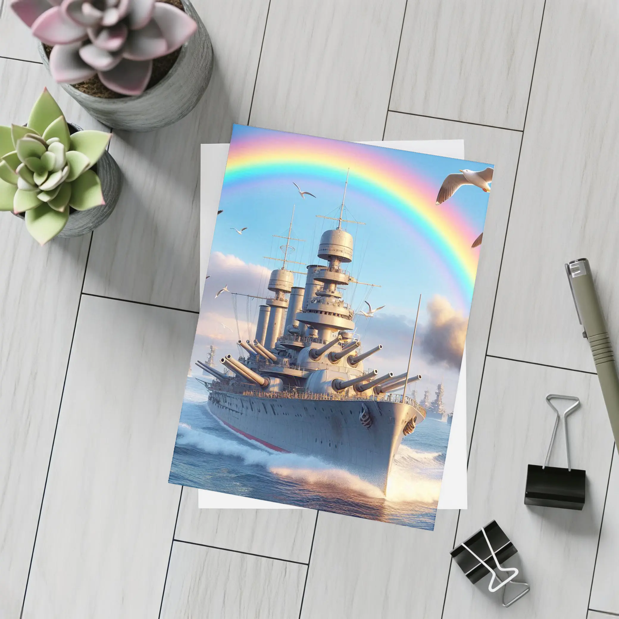 Battleship Sailing Ocean Under Rainbow Sky – Postcards