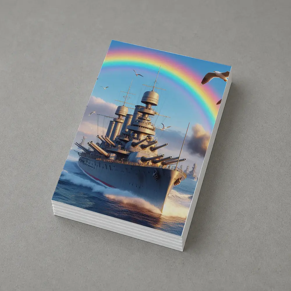 Battleship Sailing Ocean Under Rainbow Sky – Postcards
