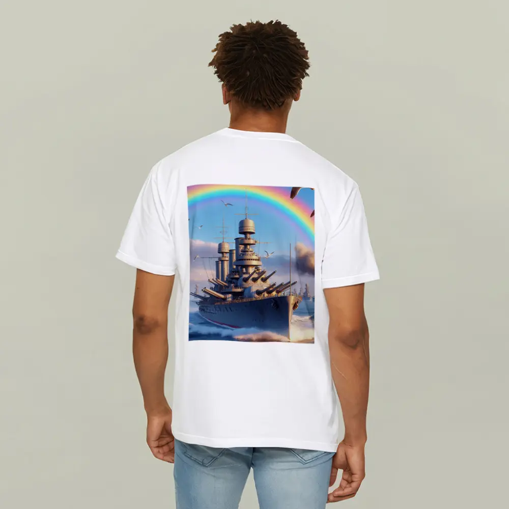Battleship Sailing Ocean Under Rainbow Sky – T-Shirts