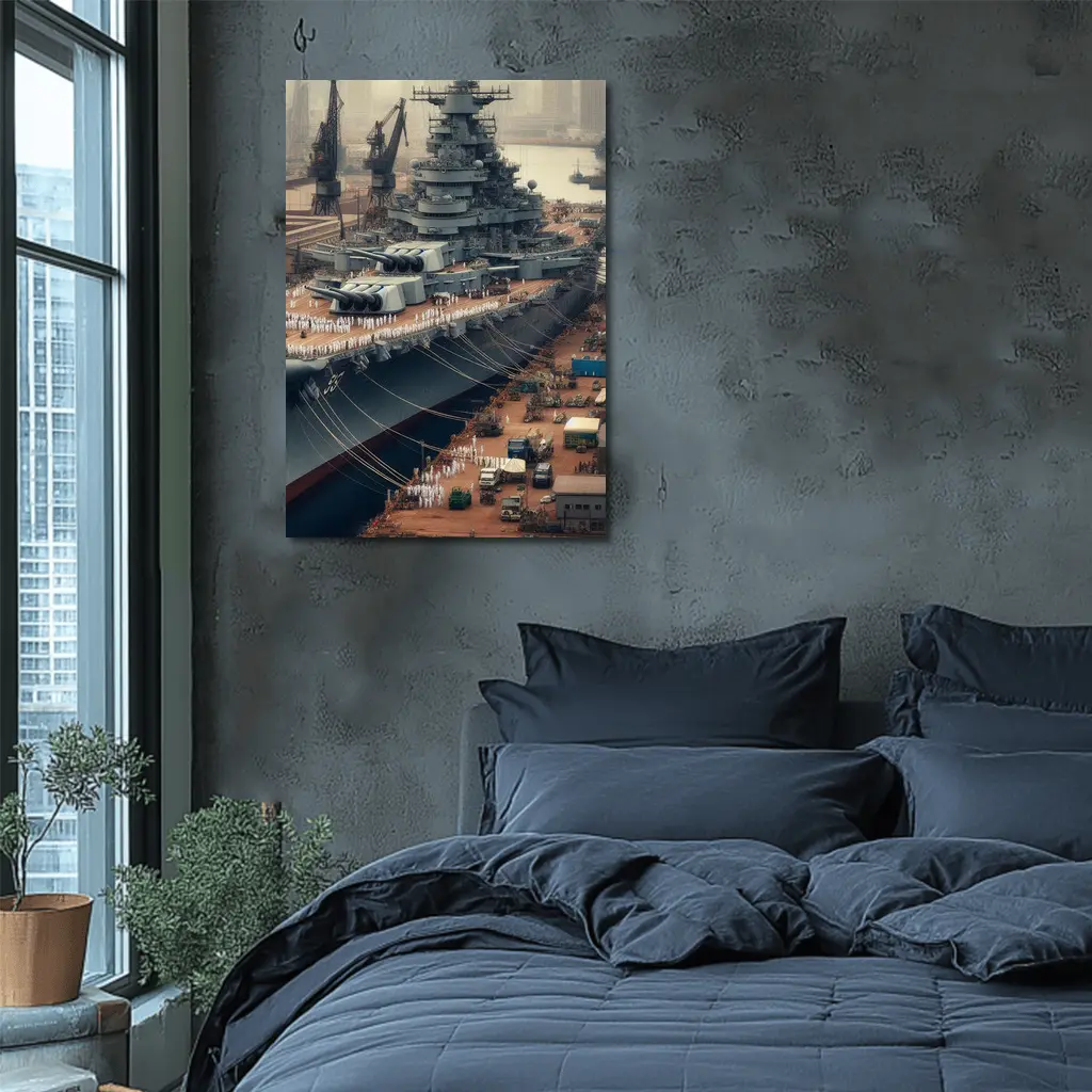 Battleship Docked at Industrial Naval Port – Wall Art