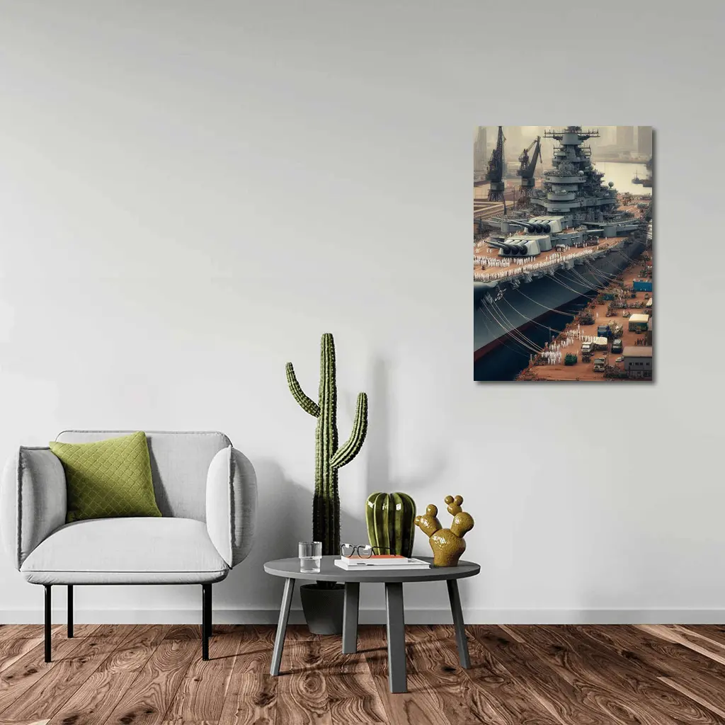 Battleship Docked at Industrial Naval Port – Wall Art
