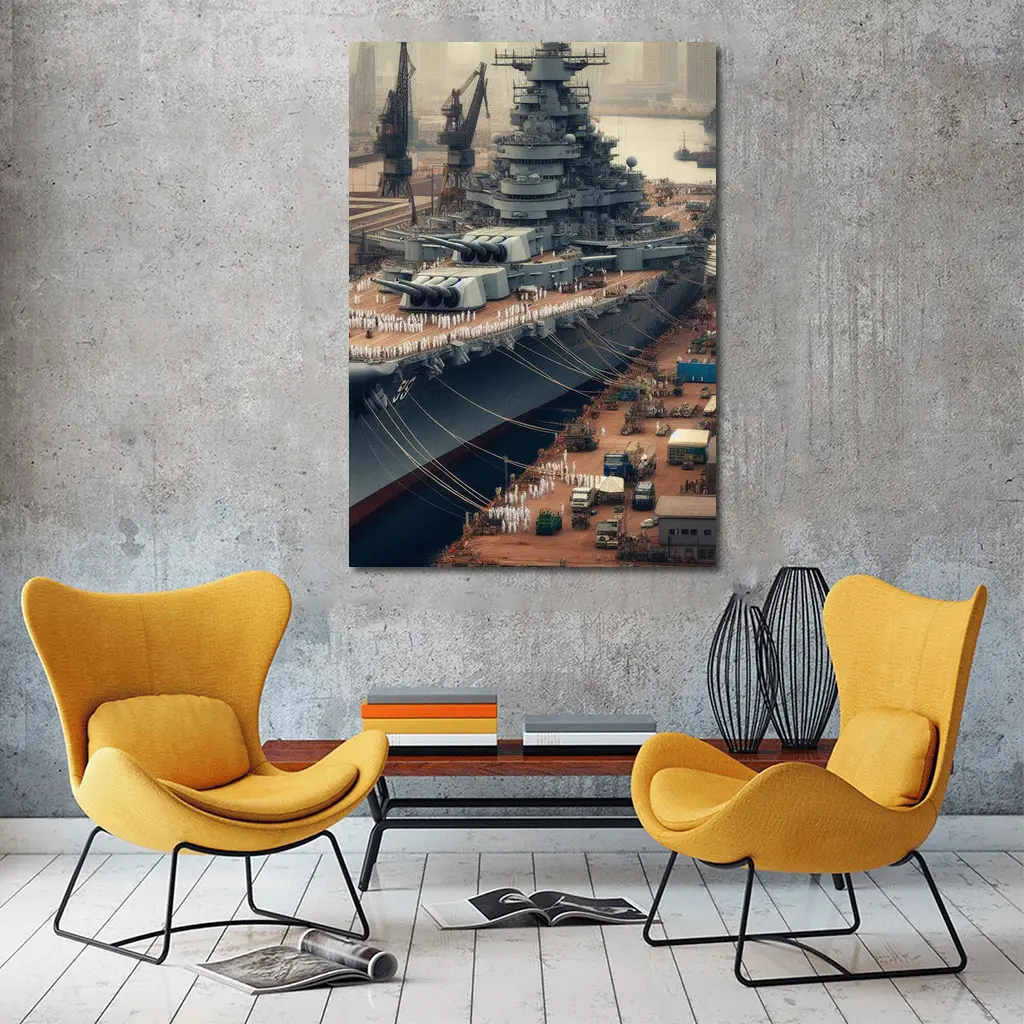Battleship Docked at Industrial Naval Port – Wall Art