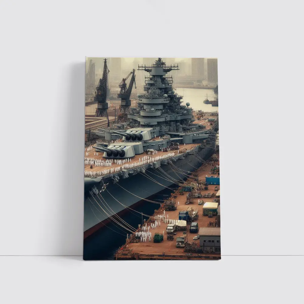 Battleship Docked at Industrial Naval Port – Wall Art