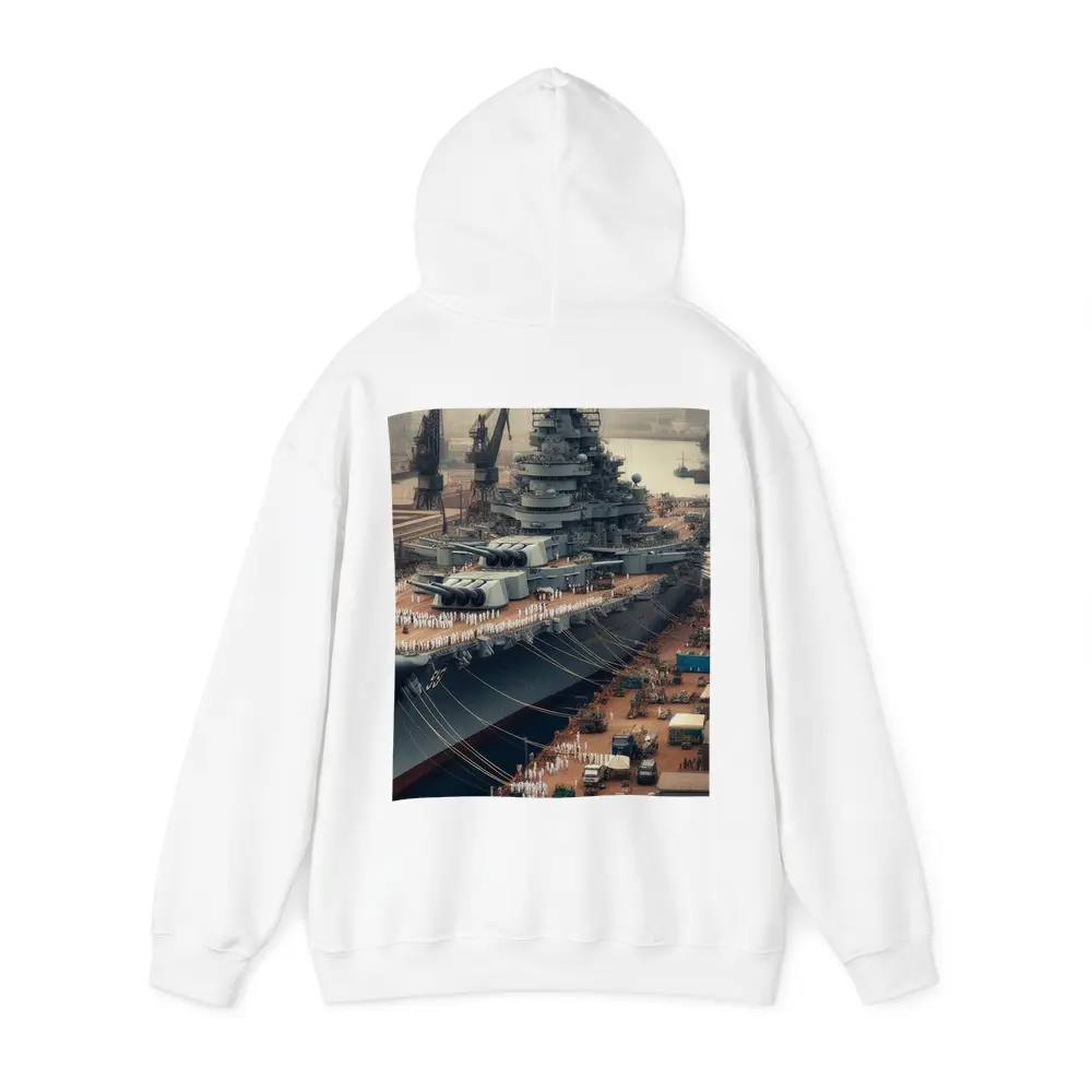 Battleship Docked at Industrial Naval Port – Hoodies