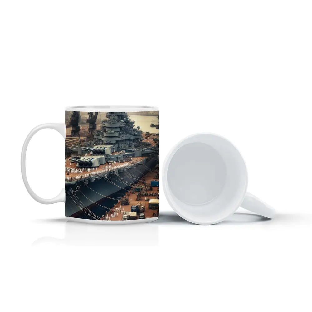 Battleship Docked at Industrial Naval Port – Mugs
