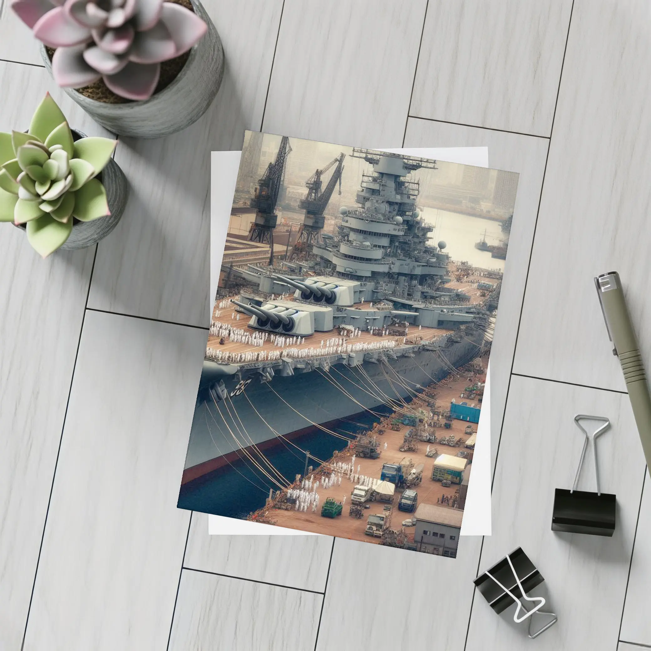 Battleship Docked at Industrial Naval Port – Postcards