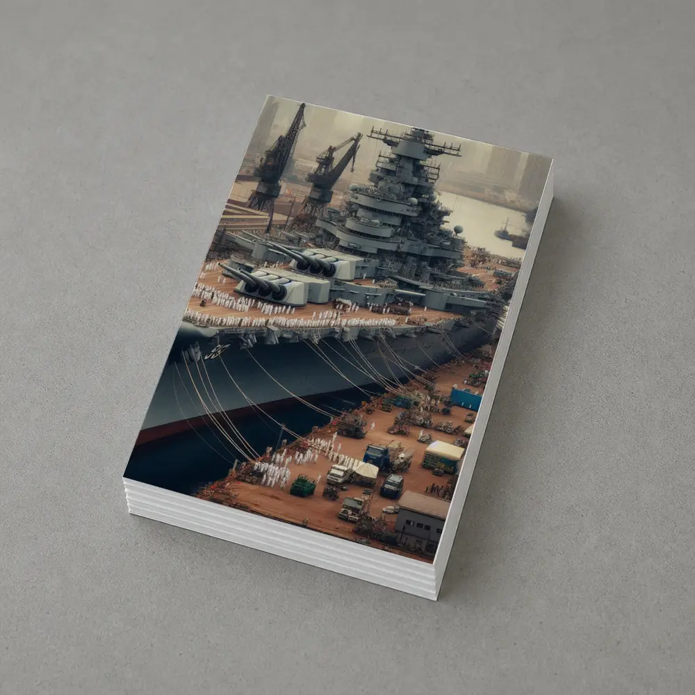 Battleship Docked at Industrial Naval Port – Postcards