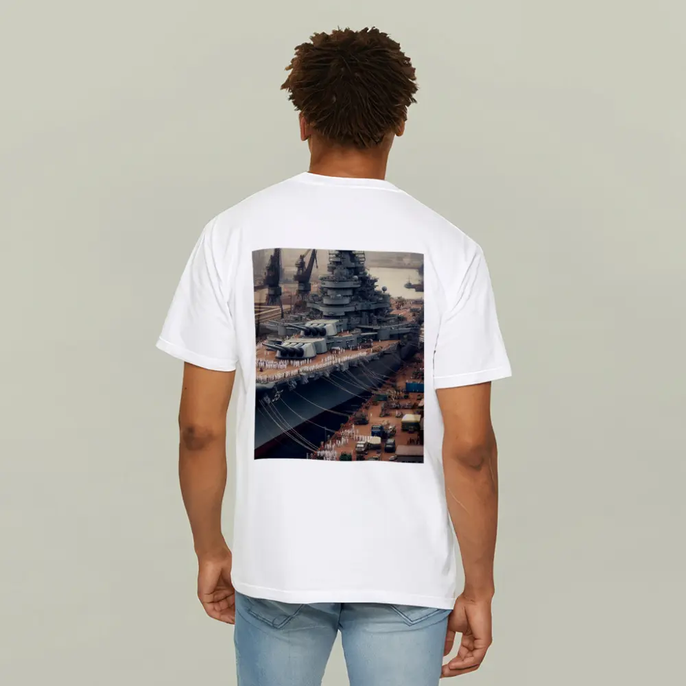 Battleship Docked at Industrial Naval Port – T-Shirts