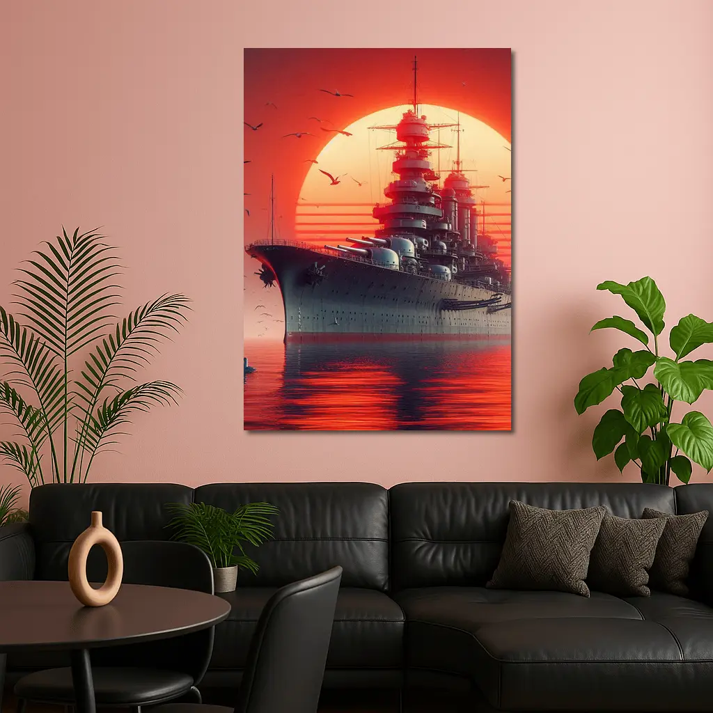 Battleship Warship Red Sunset Ocean Art – Wall Art