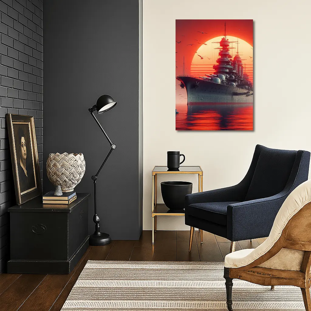 Battleship Warship Red Sunset Ocean Art – Wall Art